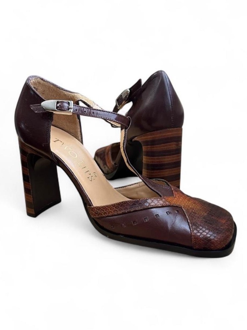 Vintage Leather T-Strap Pumps Brown Snakeskin Chunky Stacked Heel Retro Y2K